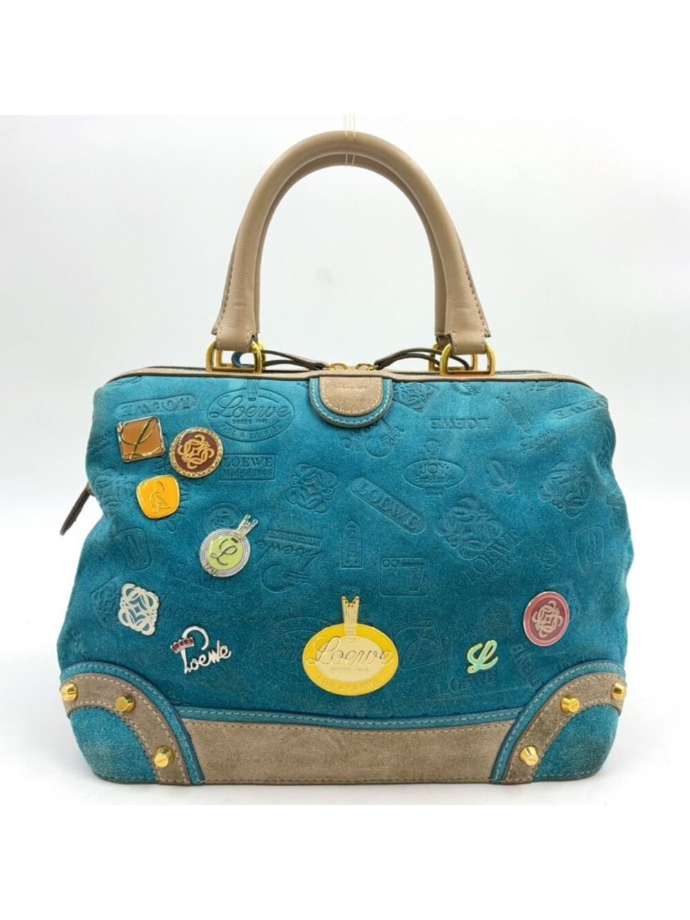 Loewe Logo Badge Suede Leather Blue Handbag Gold